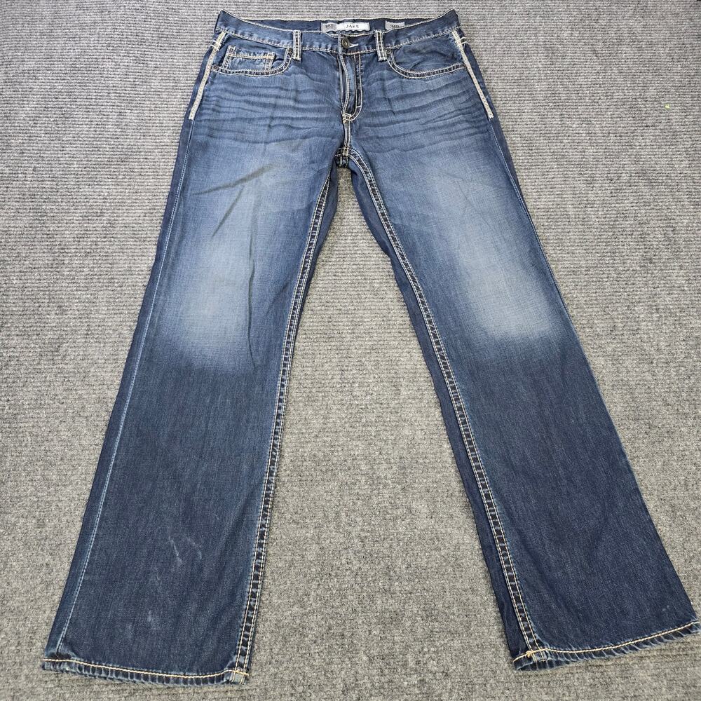 BKE Jake Jeans Men's 34x32 Blue Medium Wash Straight Stretch Whiskered Buckle